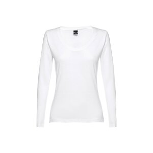 THC BUCHAREST WOMEN WH II. Long-sleeved scoop neck fitted T-shirt for women. 100% carded cotton. White – image 1